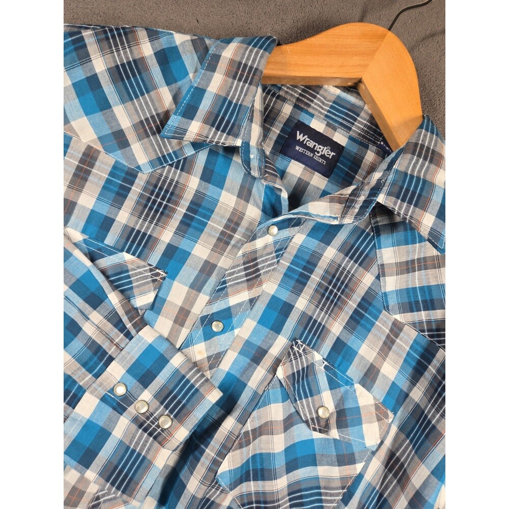 Wrangler Mens Short Sleeve Western Pearl Snap Shirt 2XL XXL Blue Rodeo Plaid